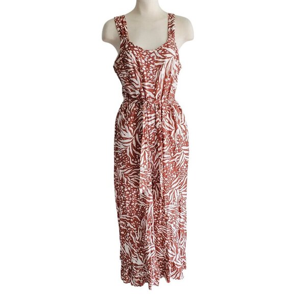 JAPNA Deep Orange Print Midi Button Front Smocked Back Belted Dress M - Picture 1 of 16